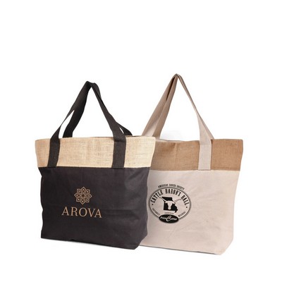 Black Two-Tone Large Jute Cotton Shopping Bag with Zipper & Cotton Handles Reusable Totes