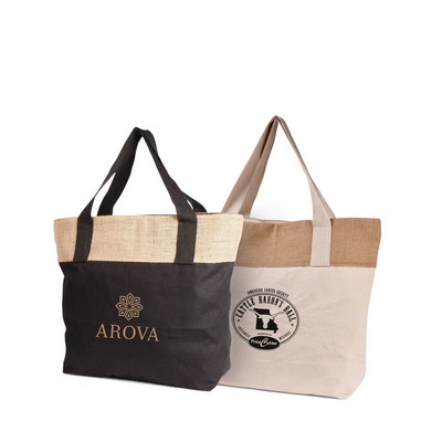 Eco-friendly Natural Two-Tone Large Jute Cotton Shopping Bag with Zipper & Cotton Handles